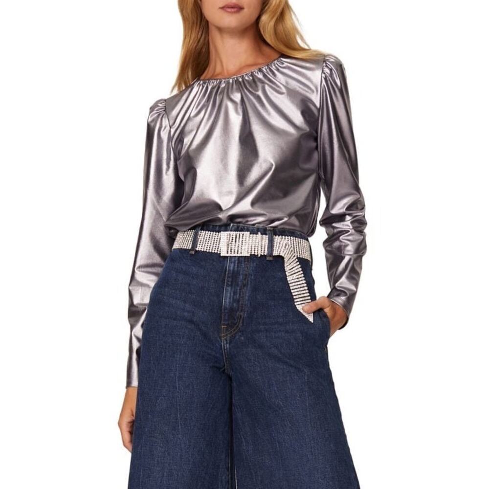 Derek Lam Collective Kary Long Sleeve Blouse Metallic Silver Size 8